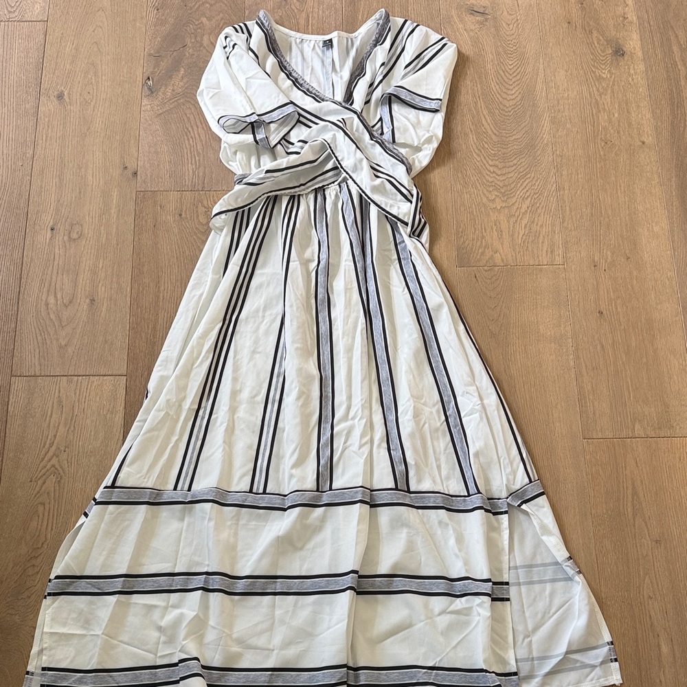 New (Never Worn) White and Black Striped V-Neck Maxi Dress